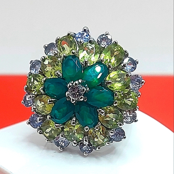 Natural Aventurine 6x4mm, Peridot, Tanzanite 925 Sterling Silver Ring Size 6.75 - Picture 10 of 10
